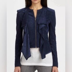 BCBGMAXAZRIA Eliot Faux Suede Perforated Ruffle Lapel Navy Jacket XS NWT $298